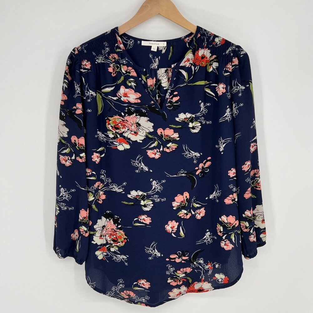 Fun2Fun Women's Floral Blouse Size S Navy Pink Long Sleeve Pullover Flowy Office